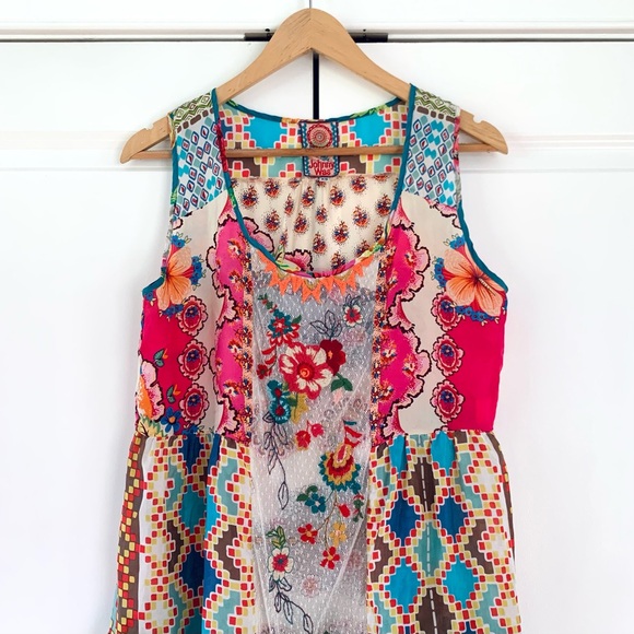 Johnny Was Silk Dress Colorful Patchwork Print Embroidered Tiered Slip Size XS - Picture 3 of 7